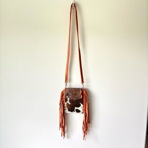 Dancing Cactus Designs Western Style Crossbody Purse Cowhide Leather Pink Fringe